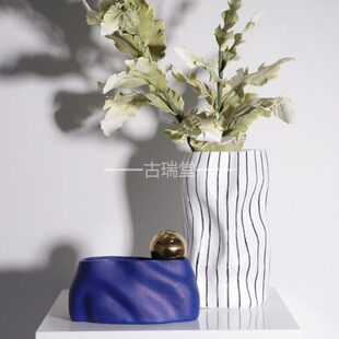 北欧简约蓝色陶瓷花瓶摆件家居客厅装 饰品样板间玄关摆设组合套装