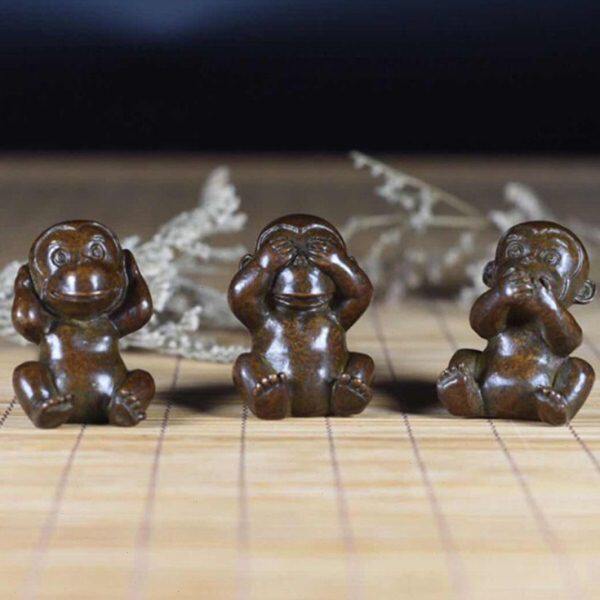 手工仿古实心紫铜日式茶宠小物件 不听不看不说三不猴茶道小摆件