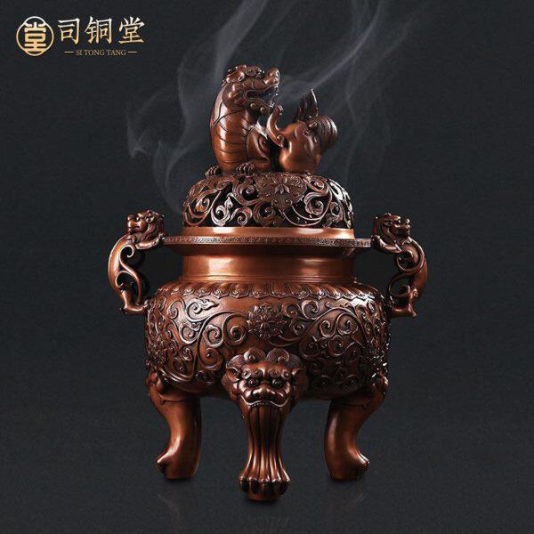 紫铜仿古大明狮子炉宣德熏香炉纯铜檀香炉香道客厅摆件家用三足炉