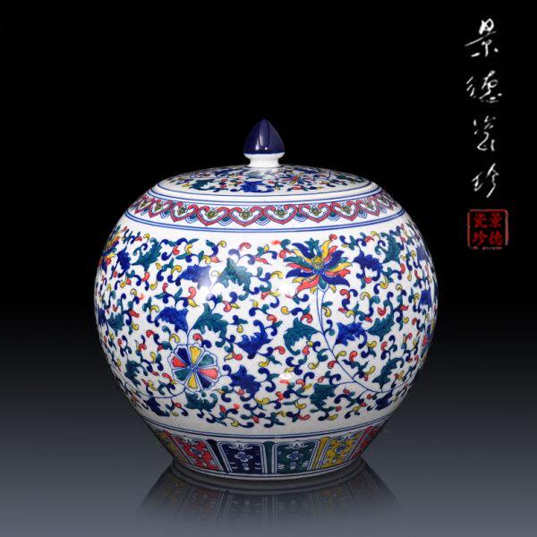 陶瓷花瓶摆件 景德镇装饰青花瓷器手工五彩盖罐客厅台面中式罐子