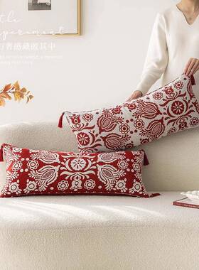 新式沙发室长方形靠枕新中jx084睡年长条抱枕卧靠背垫红色床头觉