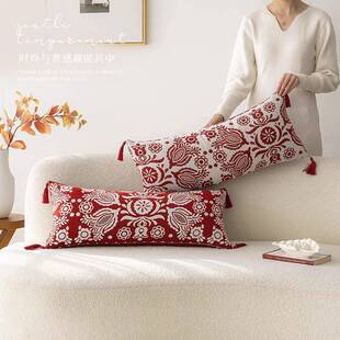 新式沙发室长方形靠枕新中jx084睡年长条抱枕卧靠背垫红色床头觉