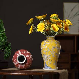 新中陶瓷花瓶装摆式件玄陶瓷关客厅酒店样板房软饰品摆黄色花瓶花