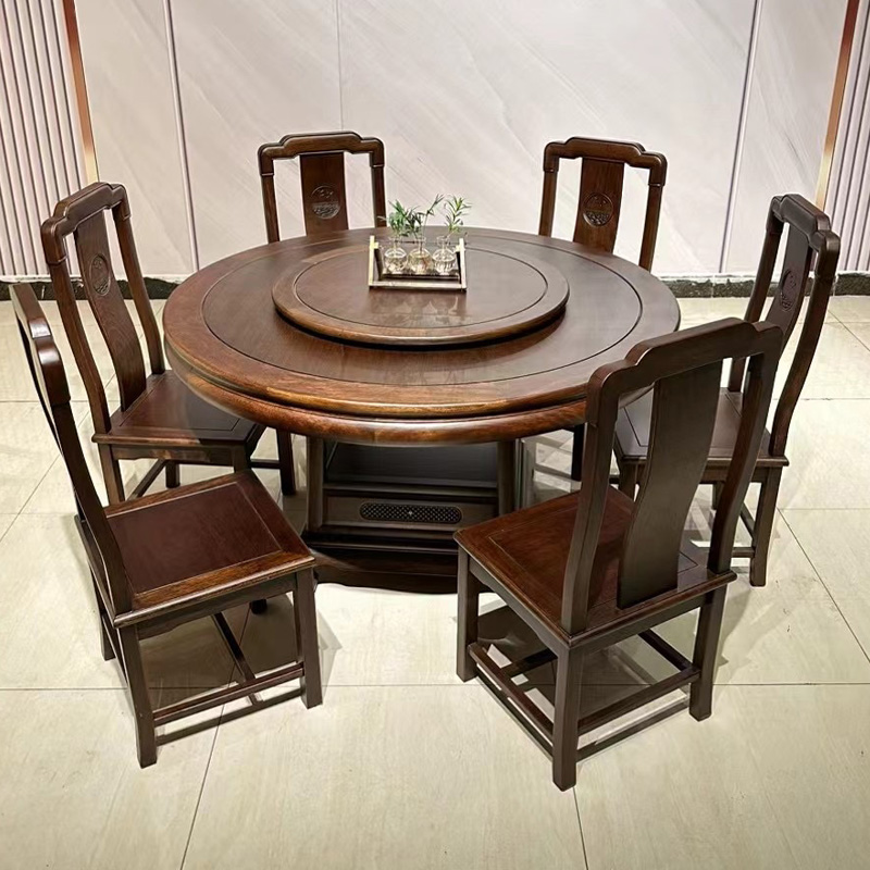 红木餐桌圆e桌家用金花梨木新中式全实木菠萝格餐桌椅组合原木家