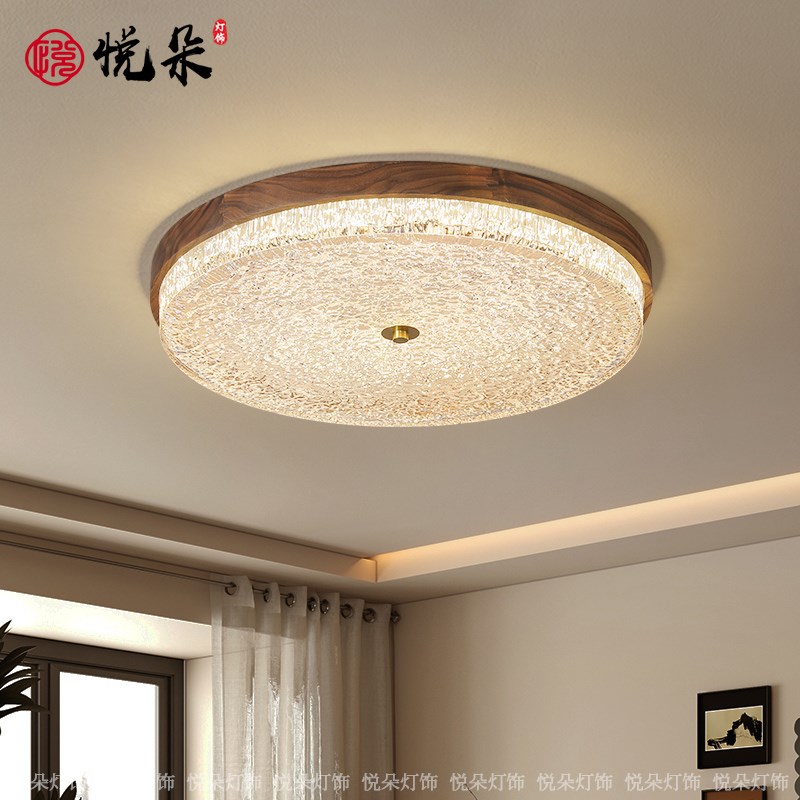 中古风灯具卧室灯吸顶灯圆形覆古全铜实木主卧灯新中式饭厅书房灯