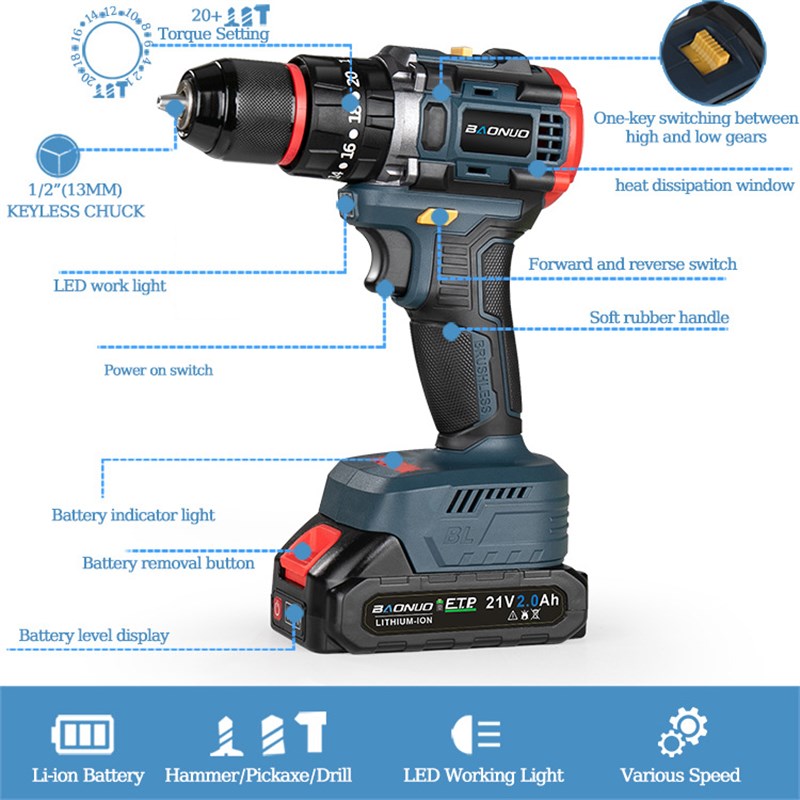 锂电钻大功率 三功能冲击款铁夹头大容量锂电便携 电动螺丝手钻