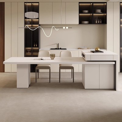 新款岩板岛台餐桌一体可伸缩大户型客厅家用胡桃色实木长方形餐桌