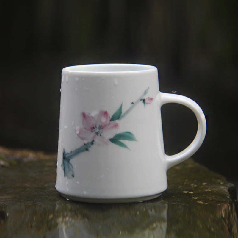 春火 水点桃花杯子手绘家用水杯寿桃创意情侣杯办公室茶杯陶瓷杯