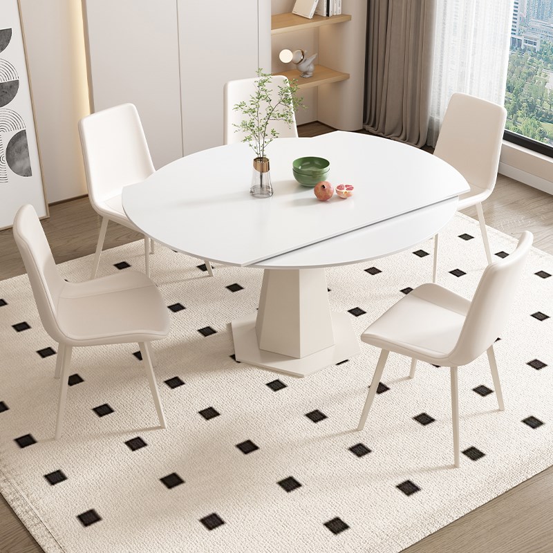 欧朗奶油风岩板餐桌椅组合小户型简约现代旋转饭桌家用圆桌子餐台
