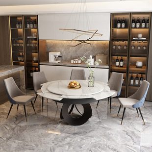 意式极简圆形岩板餐桌可旋转扩大伸缩变径圆桌带转盘省空间可定制