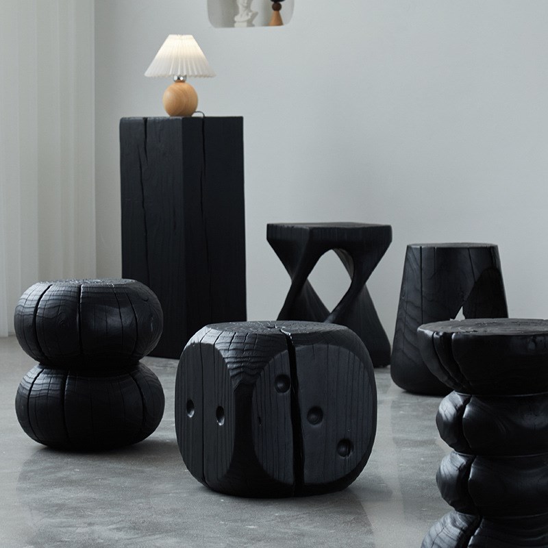 木墩子树桩底座实木木桩摆件民宿诧寂风原木边几碳化黑色根雕凳子