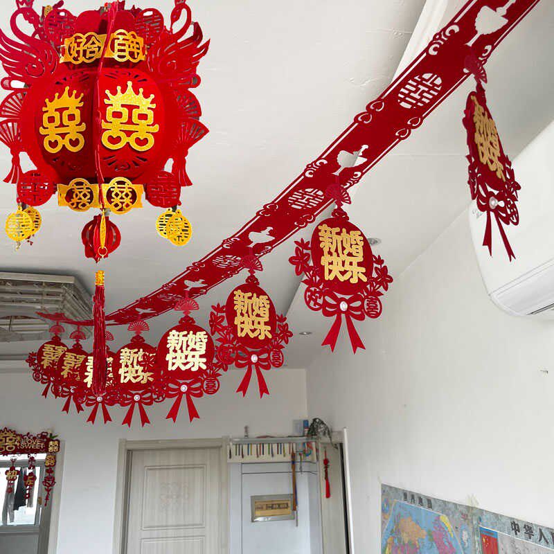 新款结婚婚用品婚房布置植绒布双面拉花吊饰创意卧室客厅装饰包邮