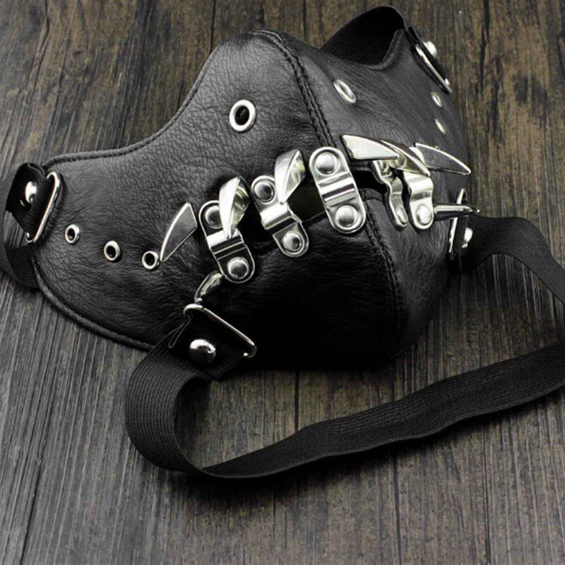 铆钉朋克骷髅头骑行面罩 摇滚舞台表演皮质黑色半脸派对口罩