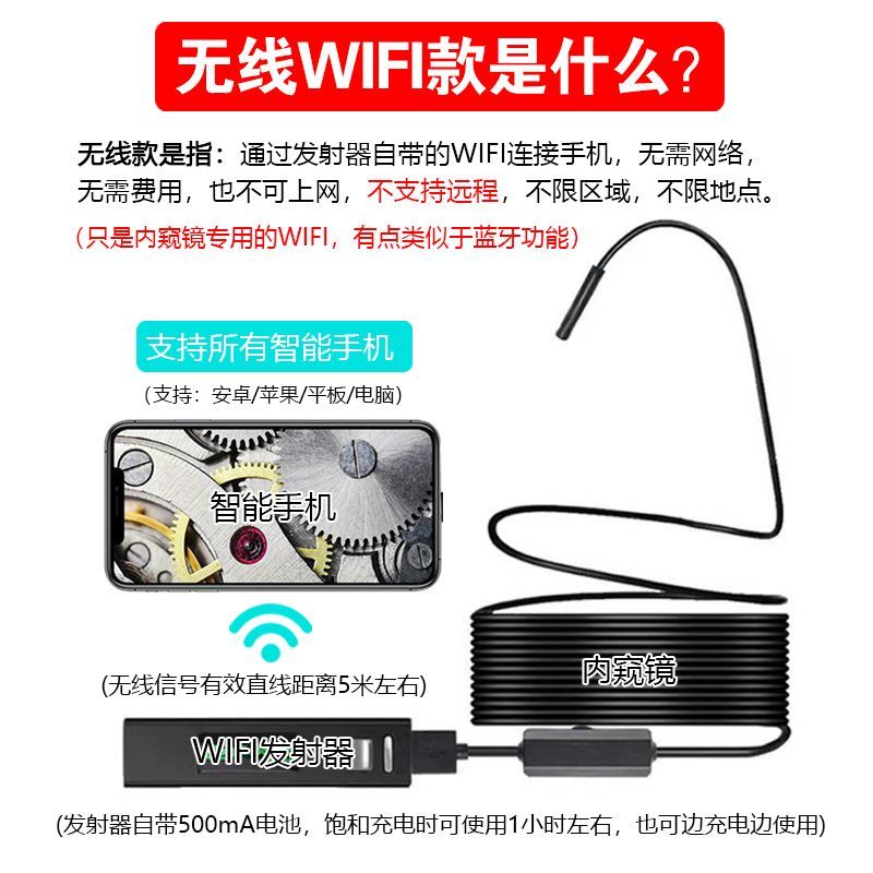 WiFi内窥镜手机高清探头工业汽修下水管道缝隙电器维修检查探测