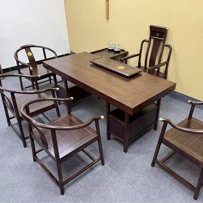 新中式茶桌椅组现茶代简约紫金檀木实木侘LTM寂办全公家合用台椅