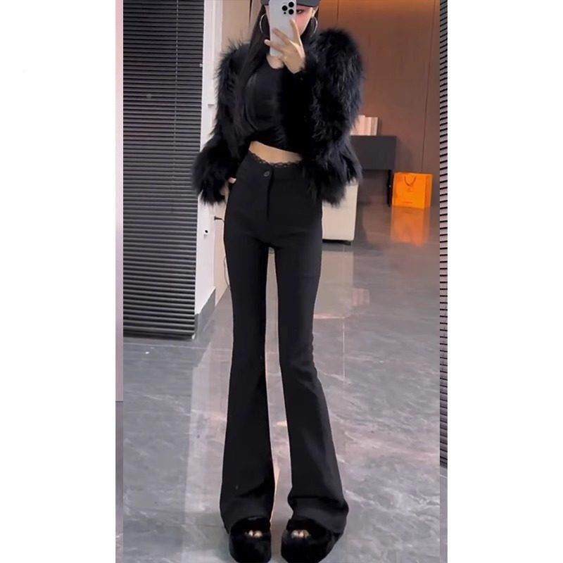 加绒加厚喇西裤秋胖E冬新款QHU装大女尺码m计m设感高腰显瘦黑色微