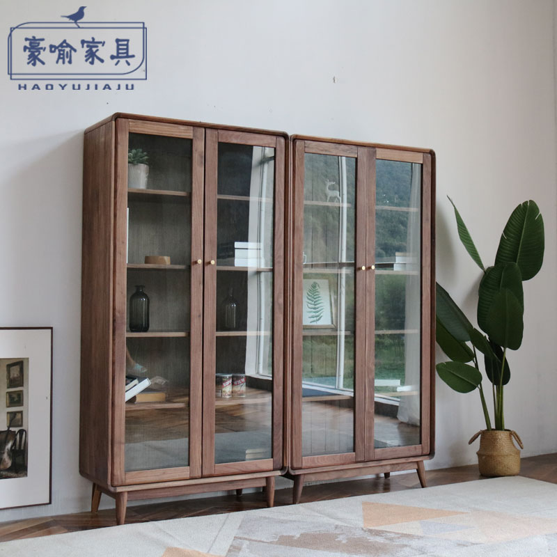 北欧实木书柜f原木全实木日式黑胡桃木橡木书架玻璃柜门多层置物