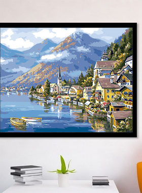 di5数字油画海边风景建筑客厅挂画装饰画海边别墅 60*50*4y*75