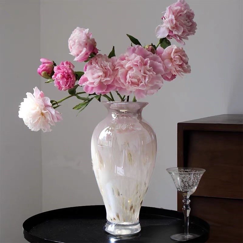 淡粉色水培玻璃花瓶 轻奢复古高级感桌面装饰摆件艺术 玫瑰芍药