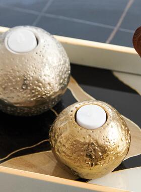 铝制2401108奢圆球形轻金银色烛台色点面缀米色大理石纹相金框桌