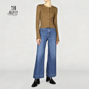 九分牛仔裤 女直筒合身中高腰四面弹加厚加绒小猫皮标蓝色百搭宽松