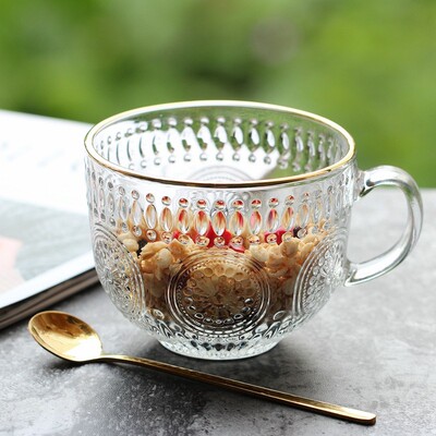 麦片早餐杯高颜柄玻璃牛奶杯金边酸奶咖带盖子家用女茶杯手值杯啡