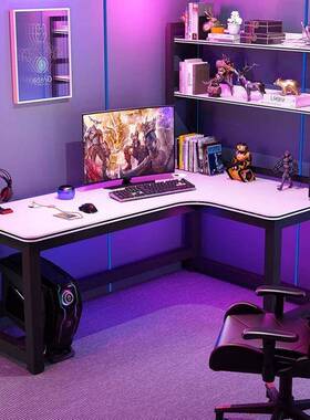 转角竞桌双电脑桌人台式RBY家用拐角书桌书架卧室电办L型学习公桌