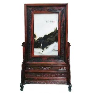 红酸枝雕山中式插屏台大理云木石VUA古典水亭楼阁屏屏风摆件