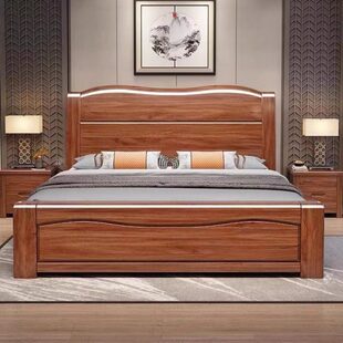 金丝胡桃木全实木北欧轻奢新中式真皮软包高箱储物收纳主卧大婚床