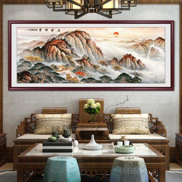 国画泰山日出办公室装饰画有山无水挂画客厅靠山风景画沙发背景墙