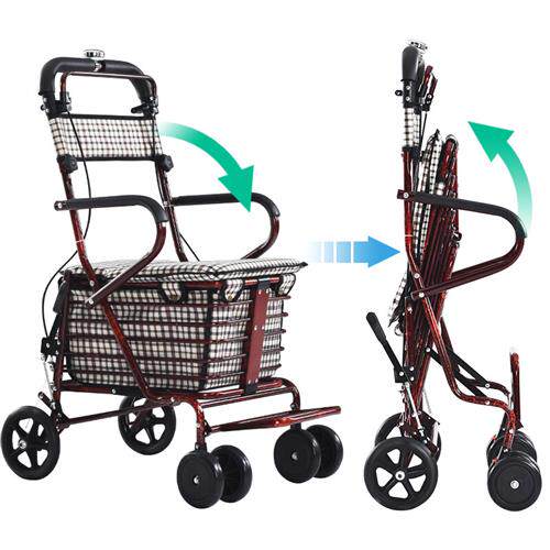 折叠购物可坐四轮买菜助步s可推小拉车老人手推车 A-简约款(米白