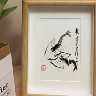 齐白石画虾蟹写意水墨装饰画瓜果葫芦桌面相框摆件书房小摆台挂画