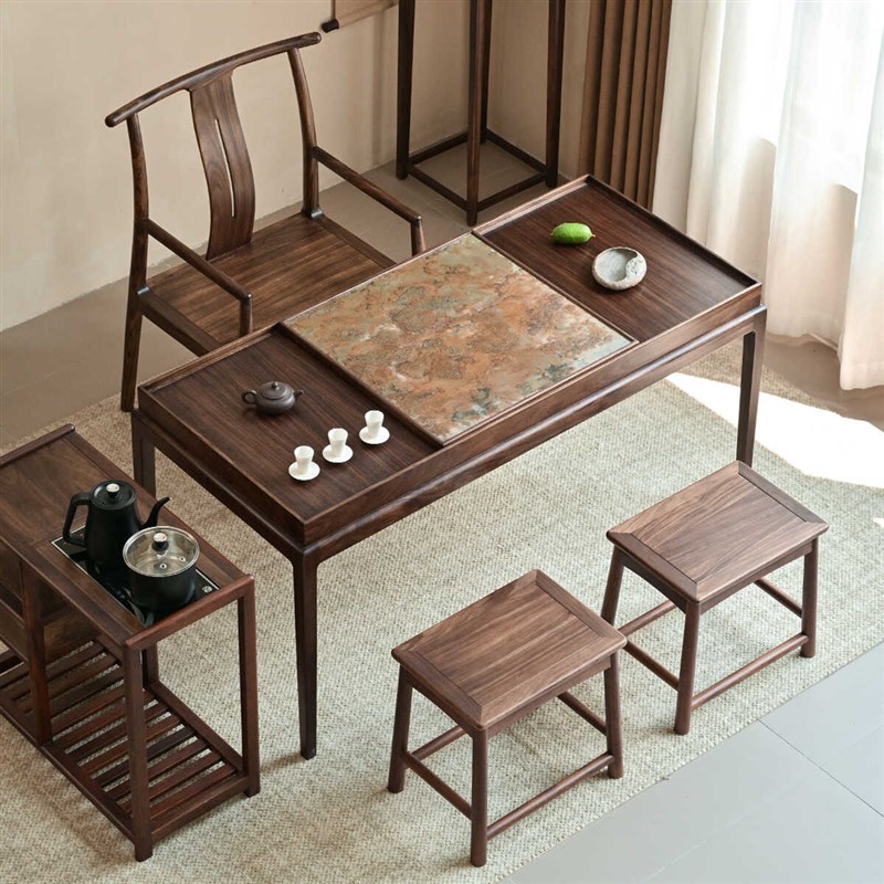 现代简约茶桌椅组合黑胡桃色实木禅意茶几长O条形茶室泡茶收纳茶