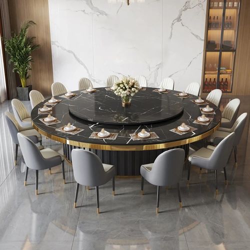 酒店电动大圆桌饭店包厢会所大理石餐桌家用轻奢火锅圆桌岩板餐桌