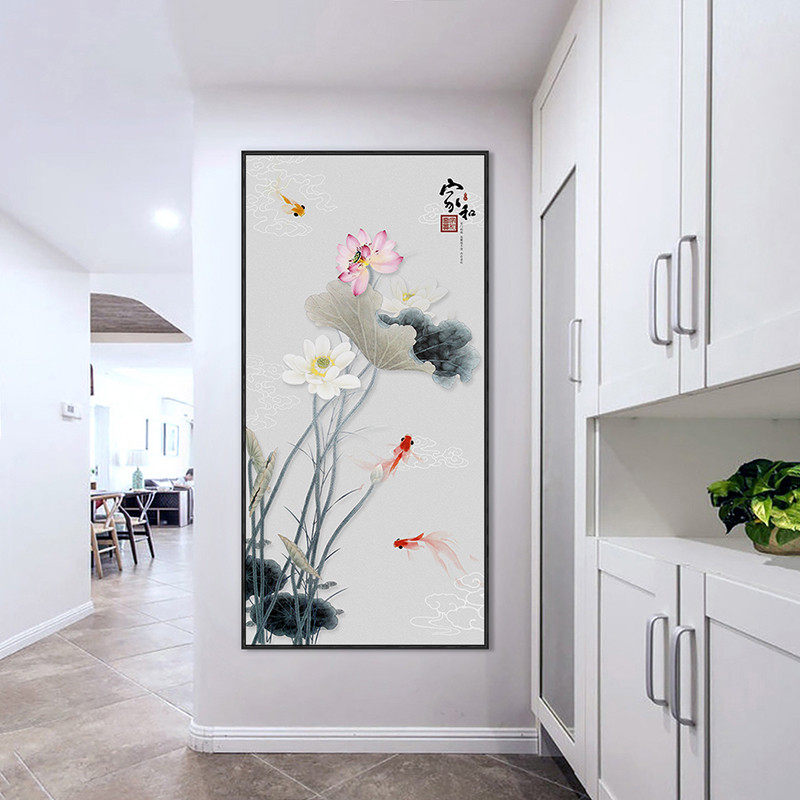 玄关装饰画招财风水中国风壁画入户竖版走廊楼梯客厅餐厅挂画荷花