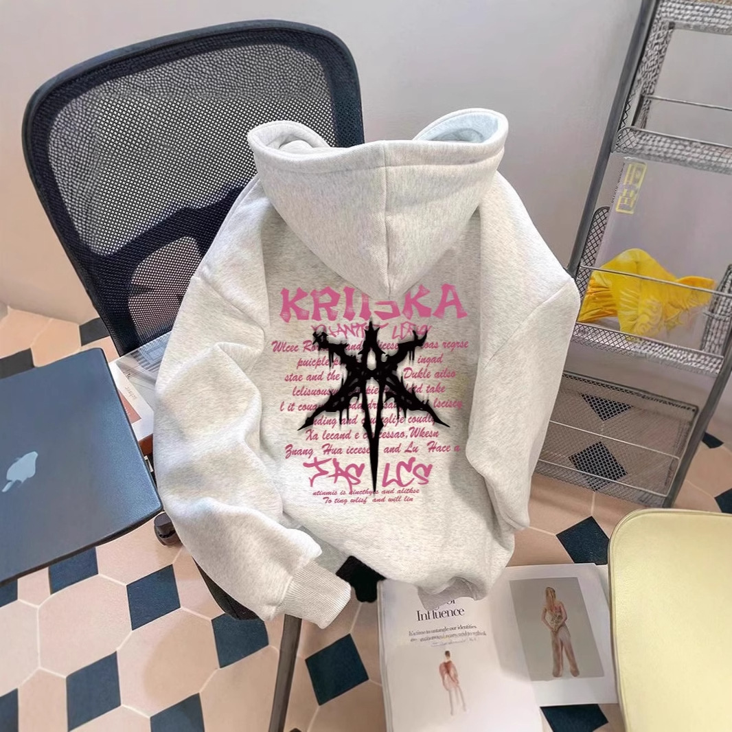 重磅500G美式加绒连帽卫衣国潮秋冬宽松学生字母慵懒情侣上衣外套