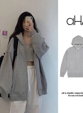 ins灰色拉链卫衣2022秋冬连帽加绒开衫外套女纯色bf风宽松显瘦黑