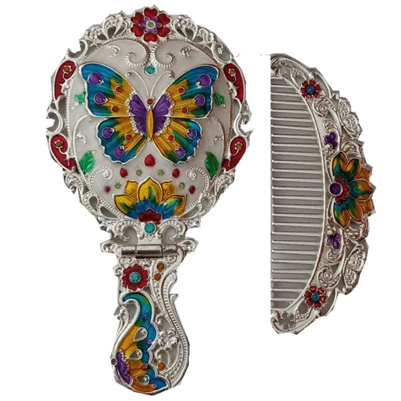 创意便携手柄台镜蝴蝶复古折叠随身朋友礼品粉色化妆镜梳子套装镜