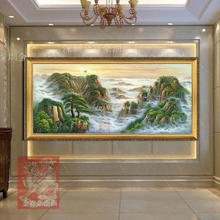 新中式经典手绘日出泰山风景油画客厅办公室会所家居酒店装饰挂画