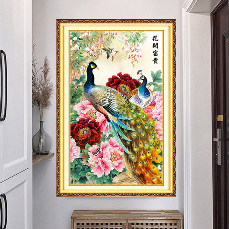 自己绣牡丹花开富贵孔雀十字绣2025新款玄关钻石画满钻走廊过道画
