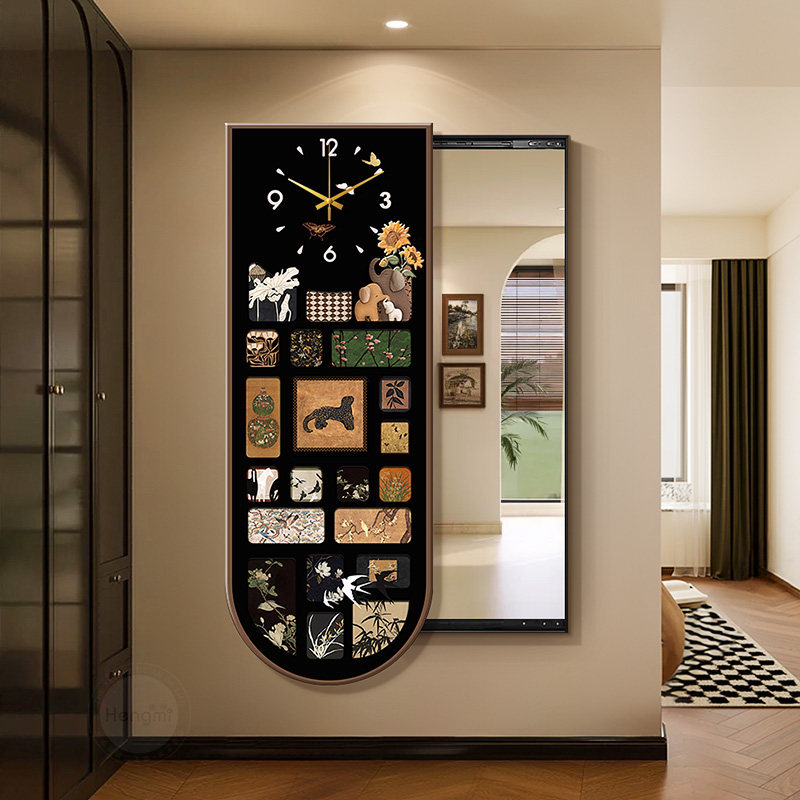 中古风复古穿衣镜带钟表卧室隐藏式全身镜玄关推拉式可关闭镜子画