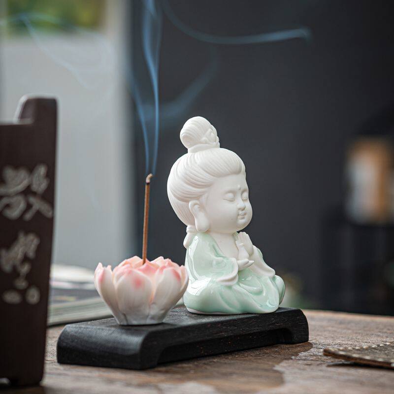 陶瓷小如来香插摆件中式三圣佛像茶桌香炉博古架摆设茶室禅意装饰