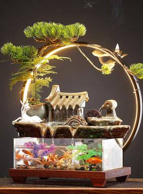 水新中式玻璃流鱼缸招财摆JGV件客厅公室桌面办电视柜装饰品开业