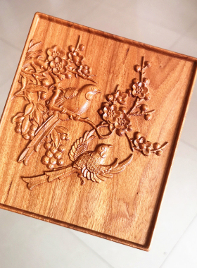 喜 梅花榆木浮雕桌面壁挂木板画中雀式装饰木雕家具柜门木贴花片