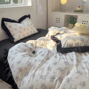 韩式ins赫本风黑色花边素描水洗棉四件套1.8米床单被套三件套床笠
