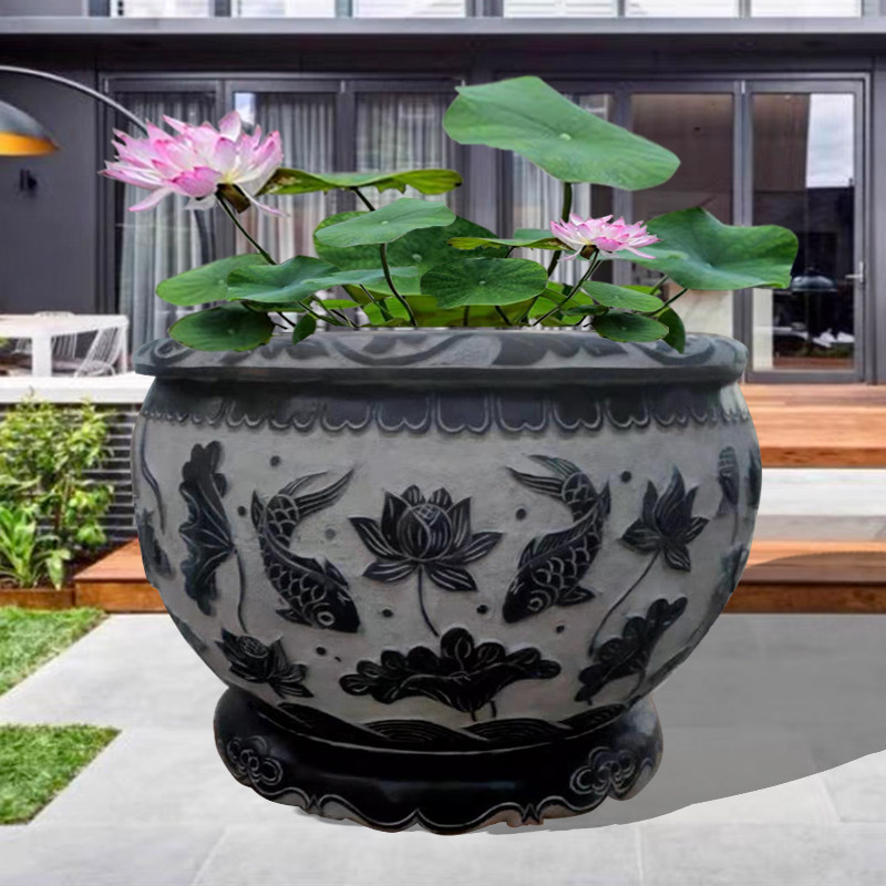 石雕荷花鱼缸石头庭院圆形水缸养鱼花盆青石仿古超大石缸装饰摆件