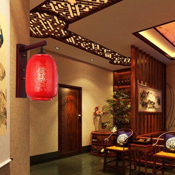 中式实木壁灯红色陶瓷客厅卧室过道仿古壁灯复古民宿茶楼装饰灯