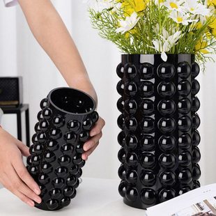 现代欧式直筒大波珠点玻璃花器插花瓶样板间艺术感家居客厅陈设品