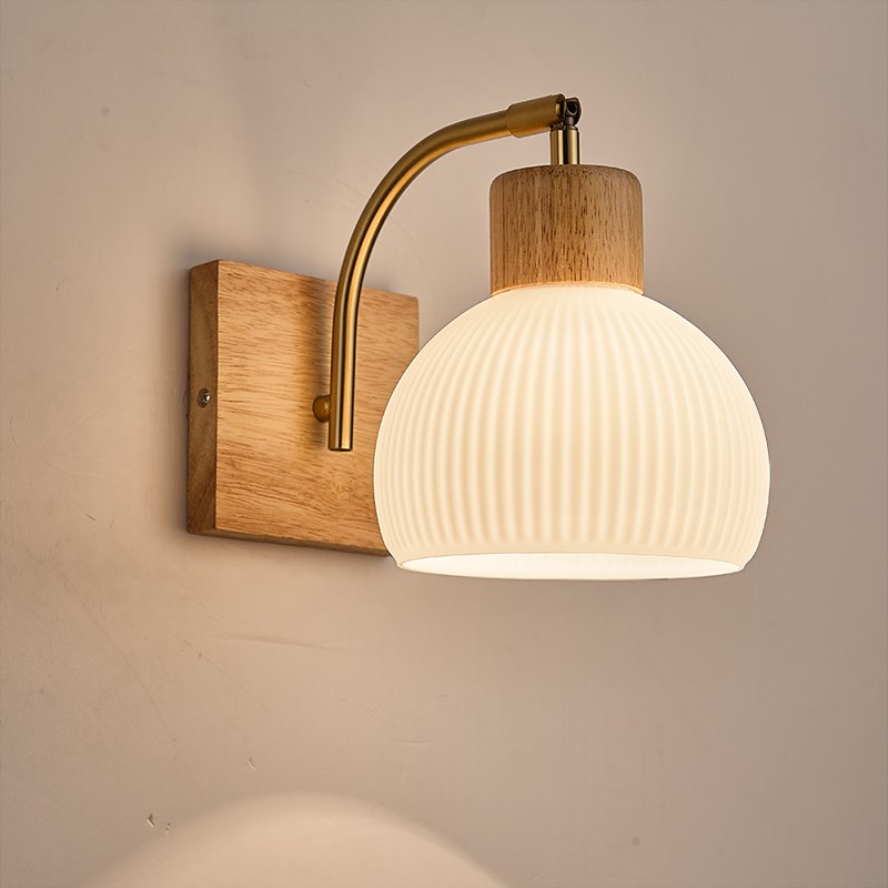 北欧拉线开关原木风可旋转现代简约实木床M头卧室客厅走廊墙壁灯