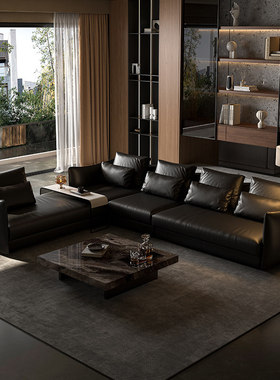 意式极简黑色真皮L型转角沙发客厅小户型现代简约老钱风